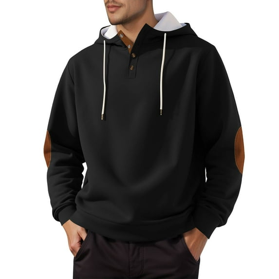 Hoodies for Men Oversized Drawstring Button Vintage Patchwork Pullover Sweatshirts Fall Winter Fashion Casual Tops Black S