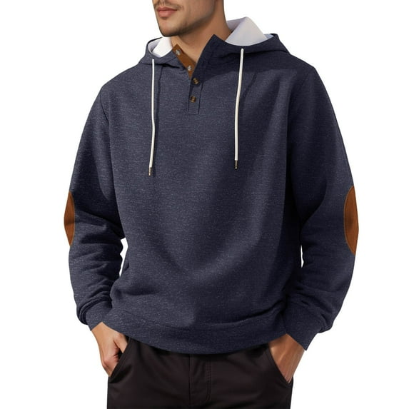 Hoodies for Men Oversized Drawstring Button Vintage Patchwork Pullover Sweatshirts Fall Winter Fashion Casual Tops Navy M