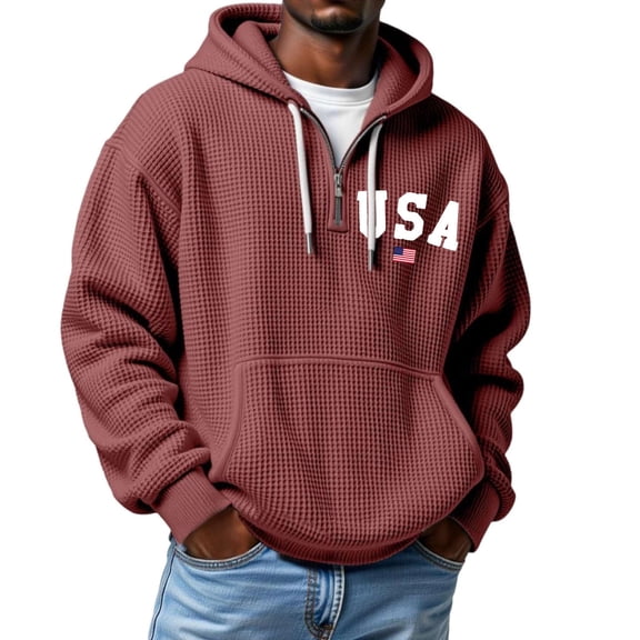 Hoodies for Men Print Half Zip Streetwear Front Pouch Pocket Daily Comfort Mens Autumn and Winter Clothes,Brick Red,4XL