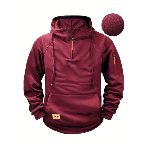 Hoodies for Men Pullover Quarter Zip Long Sleeve Military Tactical Sweatshirt Casual Cargo with Front Pouch Pocket Wine L