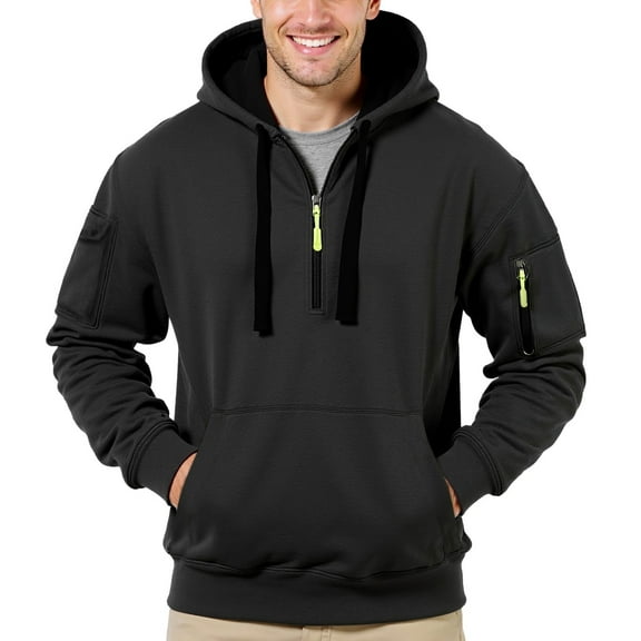 Hoodies for Men,Quarter Zip Hoodie Casual Outdoor Sports Lightweight Comfortable Multiple Pockets for Athletic Wear,Half Zip Pullover Men,06 Black,S