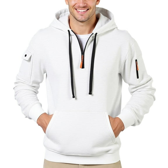 Hoodies for Men,Quarter Zip Hoodie Casual Outdoor Sports Lightweight Comfortable Multiple Pockets for Athletic Wear,Half Zip Pullover Men,06 White,S