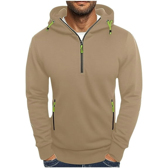 Hoodies for Men,Quarter Zip Hoodie Men Casual Loose Fit Multiple Pockets Lined for Autumn Outdoor Activities,Zipper Hoodies for Men,01 Khaki,M