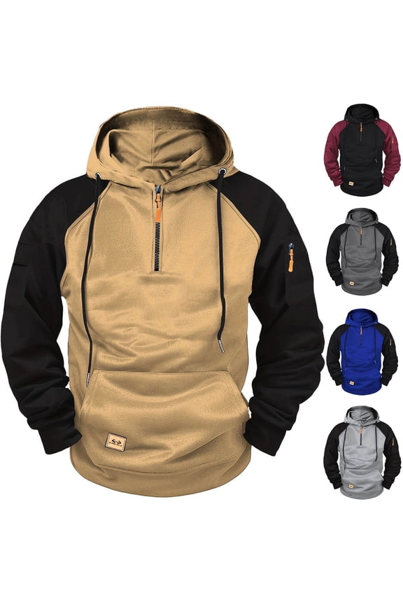 Hoodies for Men Quarter Zip Work Tactical Cargo Sweatshirts Jacket Loose Fit Workout Pullover Hoodie