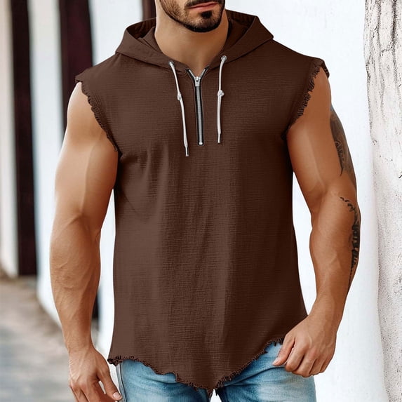Hoodies for Men Quarter Zipper Drawstring Sleeveless Shirts Irregularly Ripped Loose Lightweight Pullover Tops