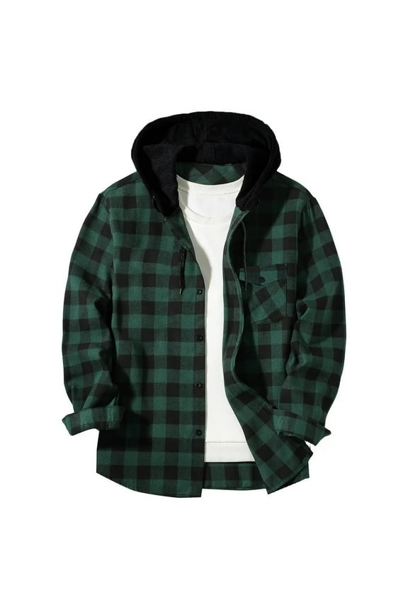 Hoodies for Men Sevevn Men Casual Patchwork Fashion Plaid Hooded Button Long Sleeve Shirt Blouse Army Green S