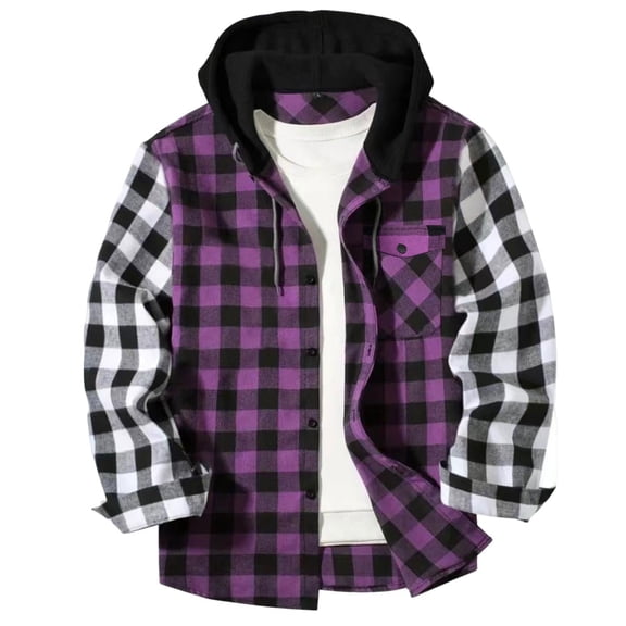 Hoodies for Men Sevevn Men Casual Patchwork Fashion Plaid Hooded Button Long Sleeve Shirt Blouse Pocket Purple S