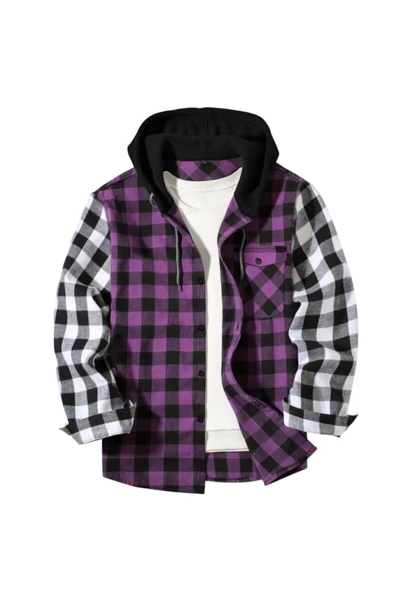 Hoodies for Men Sevevn Men Casual Patchwork Fashion Plaid Hooded Button Long Sleeve Shirt Blouse Pocket Purple XXL