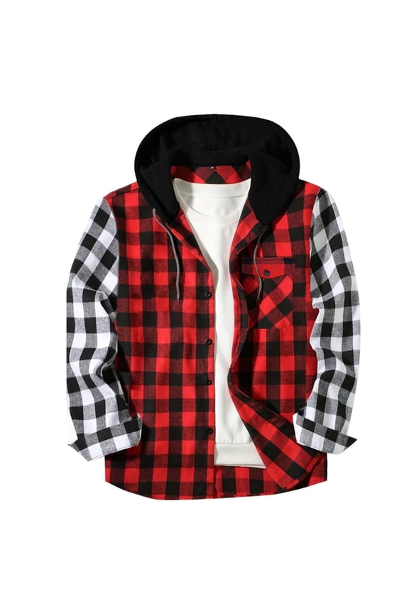 Hoodies for Men Sevevn Men Casual Patchwork Fashion Plaid Hooded Button Long Sleeve Shirt Blouse Pocket Red XXXL