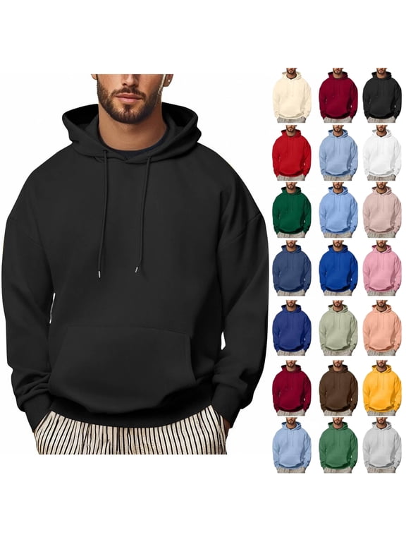 Hoodies for Men Sevevn Men Casual Solid Color Pullover Drawstring Pocket Long Sleeve Hooded Blouse Black XXL