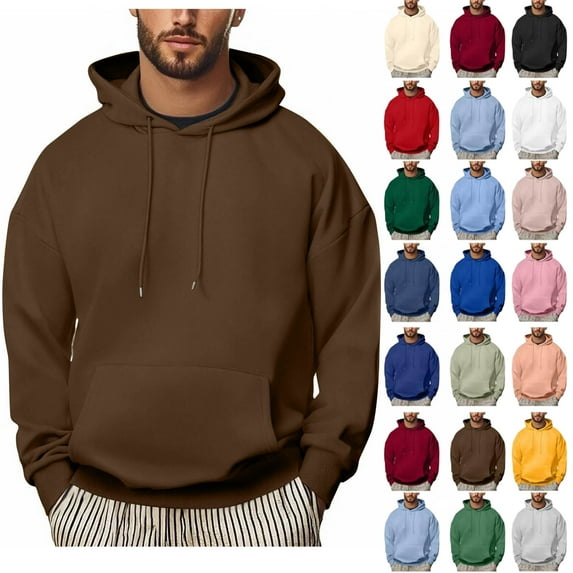 Hoodies for Men Sevevn Men Casual Solid Color Pullover Drawstring Pocket Long Sleeve Hooded Blouse Coffee XXXXL