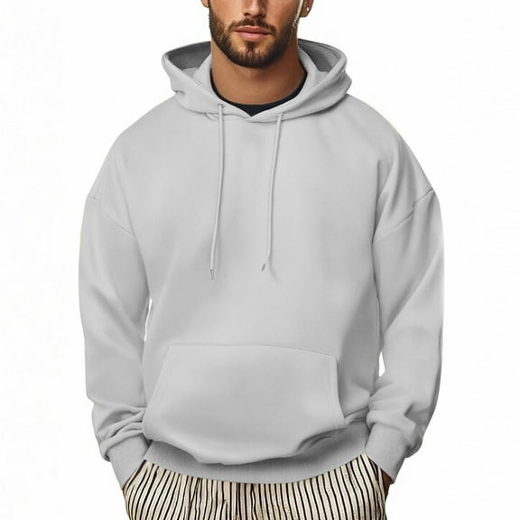 Hoodies for Men Sevevn Men Casual Solid Color Pullover Drawstring Pocket Long Sleeve Hooded Blouse Gray S