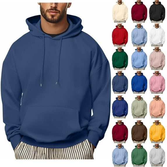 Hoodies for Men Sevevn Men Casual Solid Color Pullover Drawstring Pocket Long Sleeve Hooded Blouse Navy XXXL