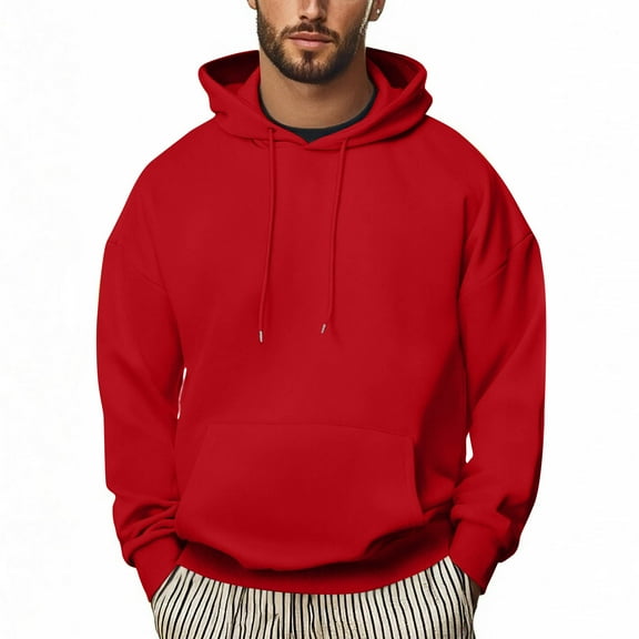 Hoodies for Men Sevevn Men Casual Solid Color Pullover Drawstring Pocket Long Sleeve Hooded Blouse Red XL