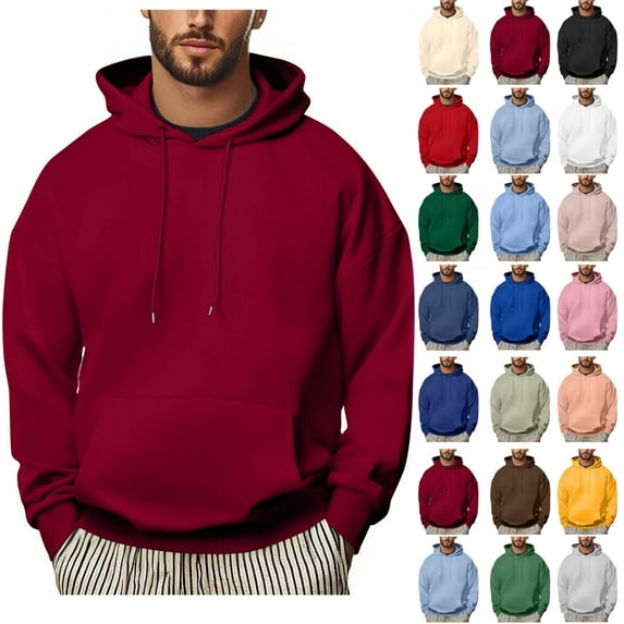 Hoodies for Men Sevevn Men Casual Solid Color Pullover Drawstring Pocket Long Sleeve Hooded Blouse Wine XXL