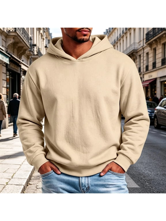 Hoodies for Men Solid Color Lined No Drawstring No Pocket Hooded Sweatshirts Casual Mens Sweatshirt Beige XXL