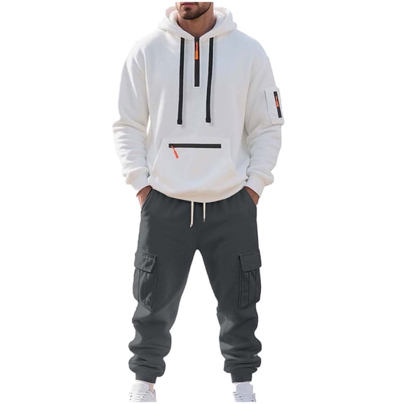 Hoodies for Men Solid Color Quarter Zip Up Fall Winter Pullover Drawstring Waist Workwear Long Pants Sets