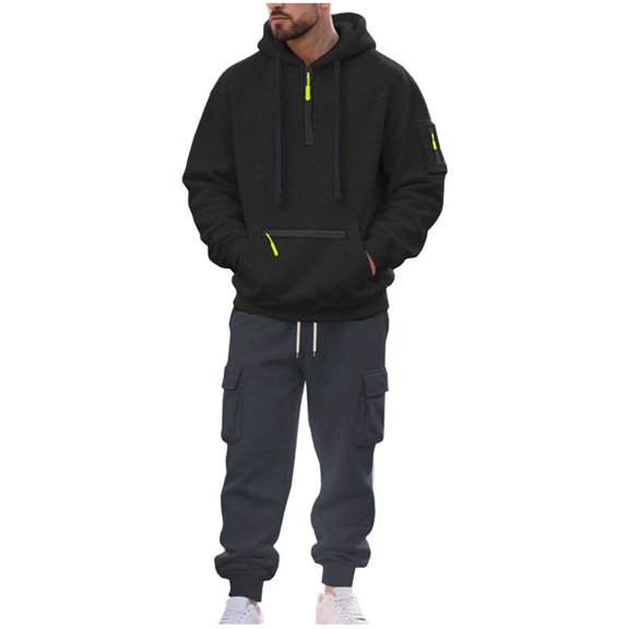 Hoodies for Men Solid Color Quarter Zip Up Fall Winter Pullover Drawstring Waist Workwear Long Pants Sets