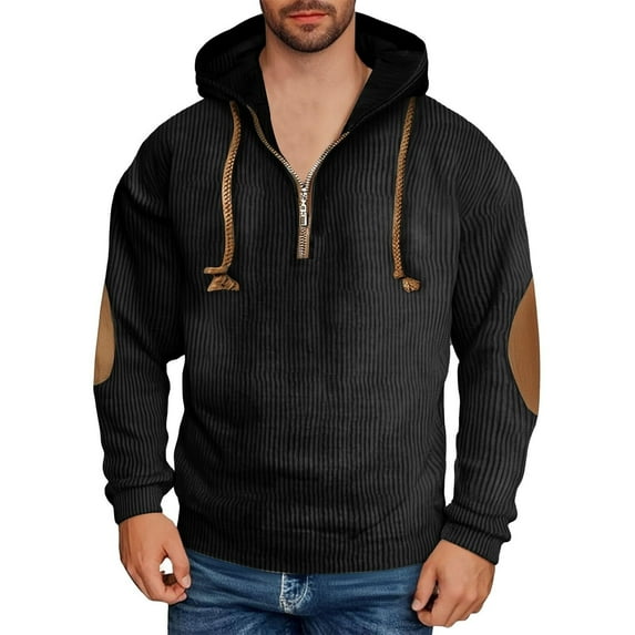 Hoodies for Men Trendy New Mens Corduroy Color Blocked Hoodies Quarter Zip Sweatshirts with Elbow Patches Casual Hooded Pullover Black M