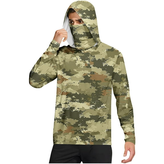 Hoodies for Men UPF 50+ Sun Protection Hoodie Camouflage Long Sleeve Fishing Hiking Shirt with Face Mask L