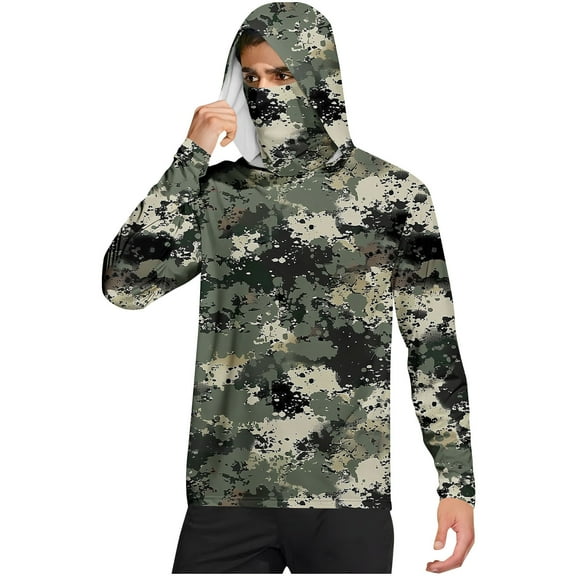 Hoodies for Men UPF 50 Sun Protection Hoodie Long Sleeve Camouflage Fishing Hiking Shirt with Face Mask XL