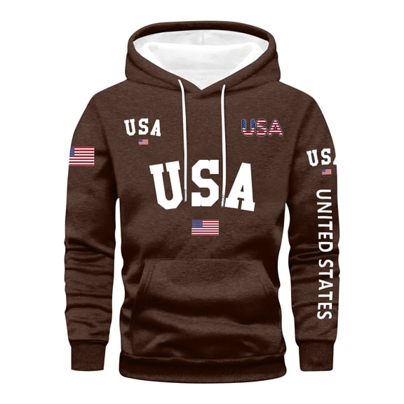 Hoodies for Men USA Flag Letter Graphic Hoodie Sweatshirts Long Sleeve Drawstring Fall Fashion Pullover Sweaters Winter Clothes Coffee M