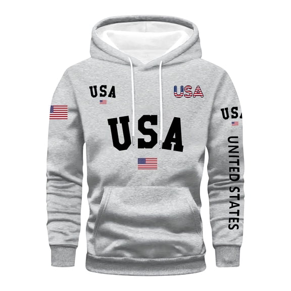 Hoodies for Men USA Flag Letter Graphic Hoodie Sweatshirts Long Sleeve Drawstring Fall Fashion Pullover Sweaters Winter Clothes Gray S