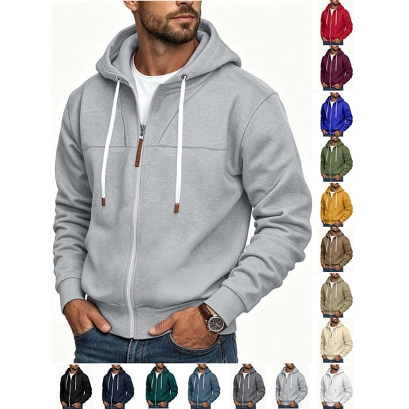 Hoodies for Men Zaewscy Men's Solid Color Full Zip Hoodie Long Sleeve Casual Hooded Sweat Jacket with Drawstring Gray L