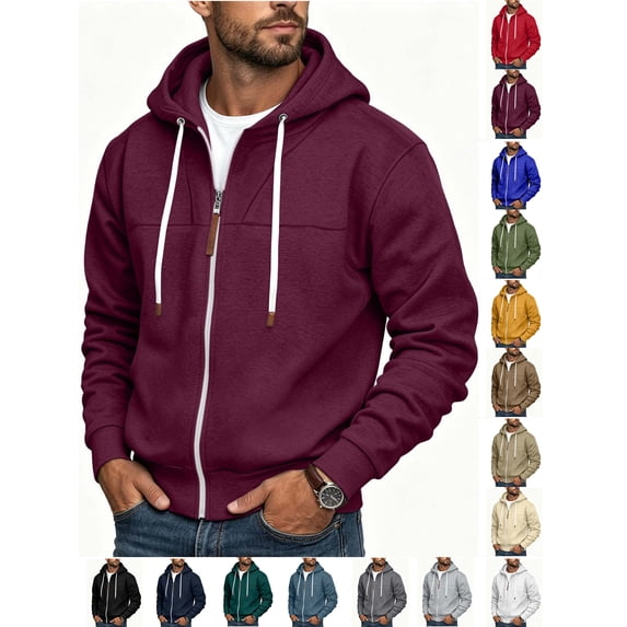 Hoodies for Men Zaewscy Men's Solid Color Full Zip Hoodie Long Sleeve Casual Hooded Sweat Jacket with Drawstring Wine L