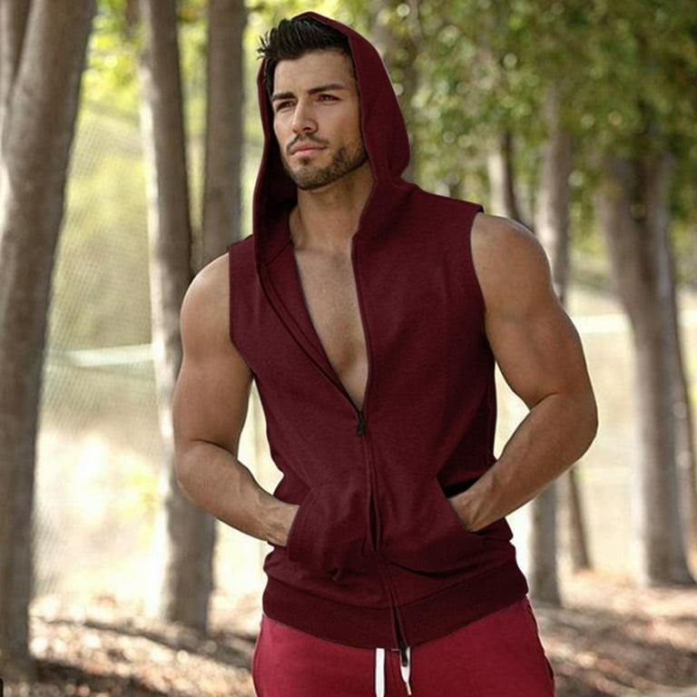 Hoodies for Men Zip Up Men'S Casual Fitness Hooded Double Zipper Tank Tops Sleeveless Vest Blouse Top