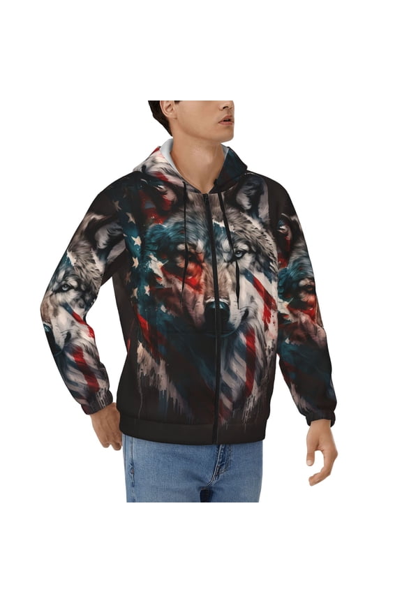 Hoodies for Men Zip Up Sweashirts Jacket Coat Hoodie, American Wolf USA Flag