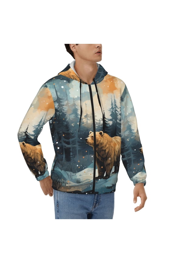 Hoodies for Men Zip Up Sweashirts Jacket Coat Hoodie, Bear Moose Rustic Wood
