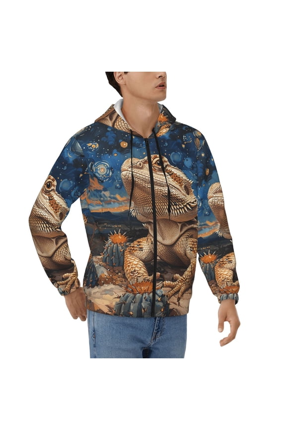 Hoodies for Men Zip Up Sweashirts Jacket Coat Hoodie, Bearded Dragon Lizards Retro Starry