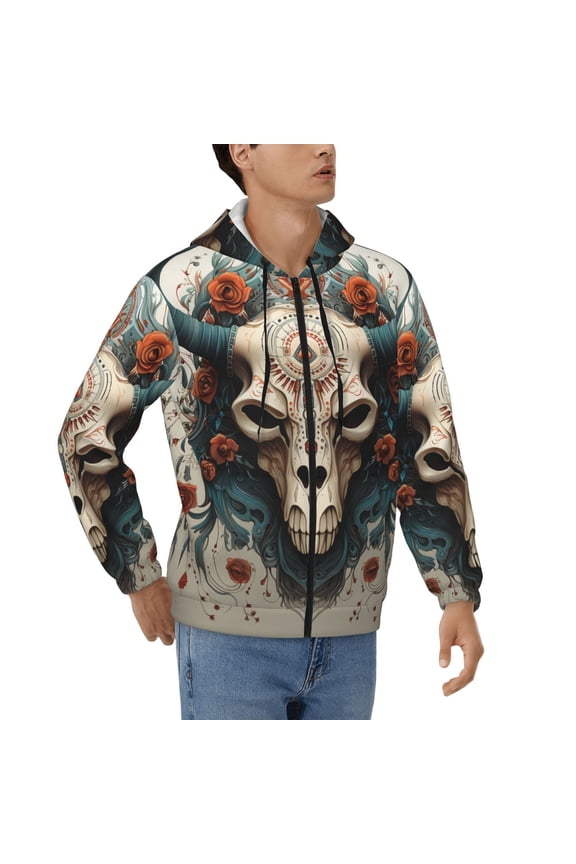 Hoodies for Men Zip Up Sweashirts Jacket Coat Hoodie, Bull Skull Horns Ethnic Vintage Art