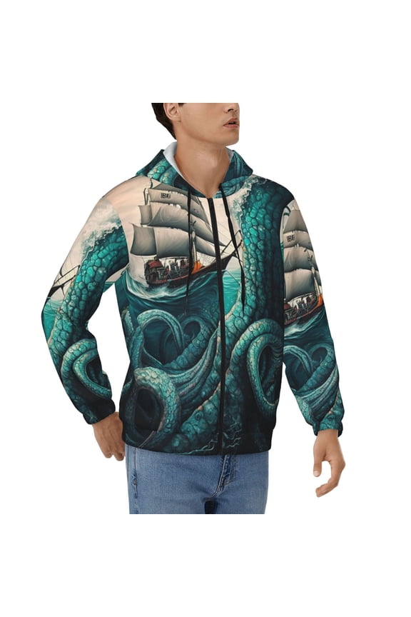 Hoodies for Men Zip Up Sweashirts Jacket Coat Hoodie, Cool Octopus Monster Sail Boat Waves