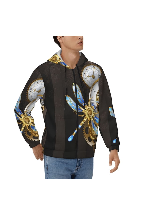 Hoodies for Men Zip Up Sweashirts Jacket Coat Hoodie, Dials With Dragonfly Steampunk Gold Clock