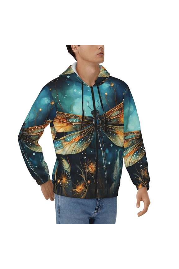 Hoodies for Men Zip Up Sweashirts Jacket Coat Hoodie, Dragonfly Art Dragonflies Painting Starry Sky