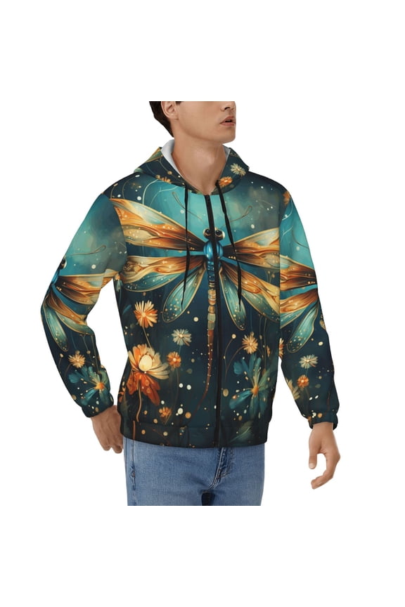 Hoodies for Men Zip Up Sweashirts Jacket Coat Hoodie, Dragonfly Flowers Retro Art
