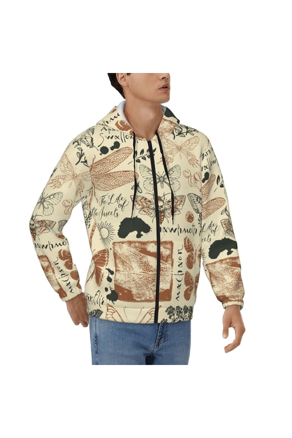 Hoodies for Men Zip Up Sweashirts Jacket Coat Hoodie, Dragonfly Moth Vintage Butterfly