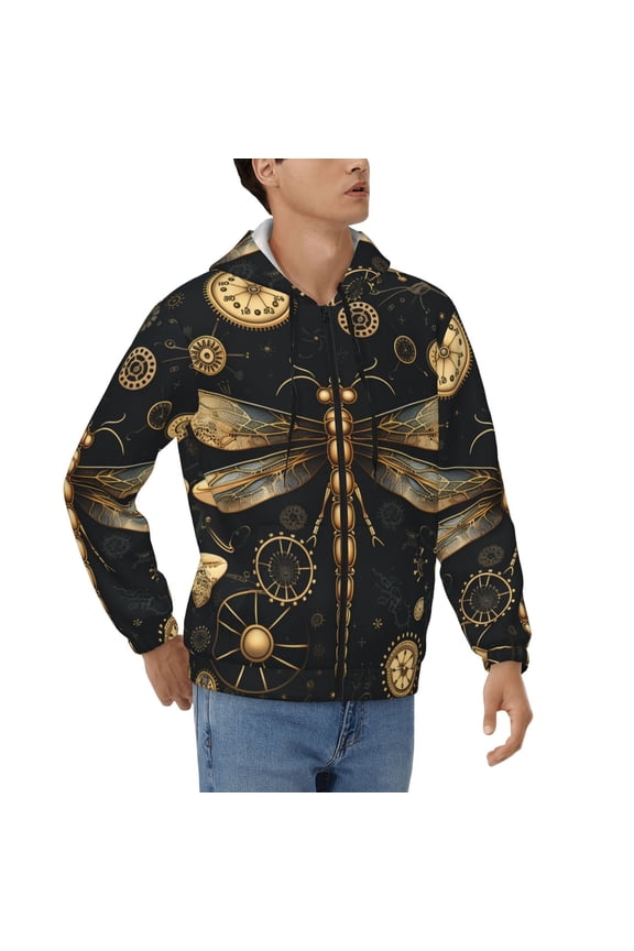 Hoodies for Men Zip Up Sweashirts Jacket Coat Hoodie, Gold Steampunk Dragonfly Black Golden