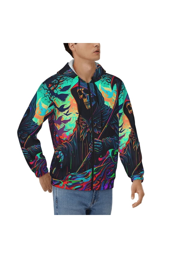 Hoodies for Men Zip Up Sweashirts Jacket Coat Hoodie, Grim Reaper Dark Psychedelic Death