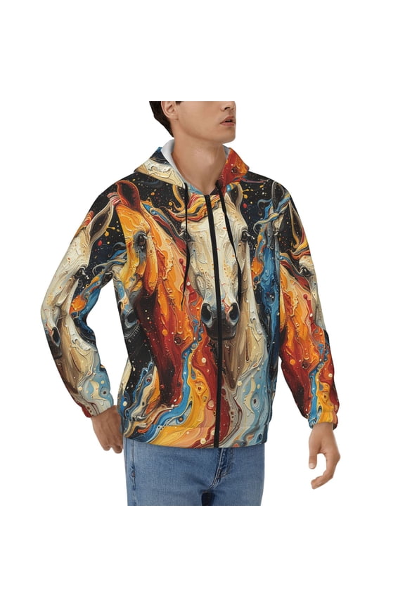 Hoodies for Men Zip Up Sweashirts Jacket Coat Hoodie, Horses Playing Psychedelic