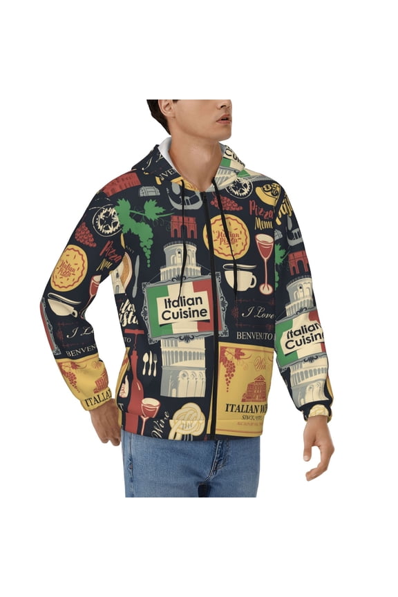 Hoodies for Men Zip Up Sweashirts Jacket Coat Hoodie, Italian Cuisine Pasta Wine Pizza Retro