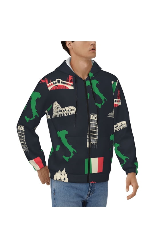 Hoodies for Men Zip Up Sweashirts Jacket Coat Hoodie, Italy Flag Map Italian Black Retro