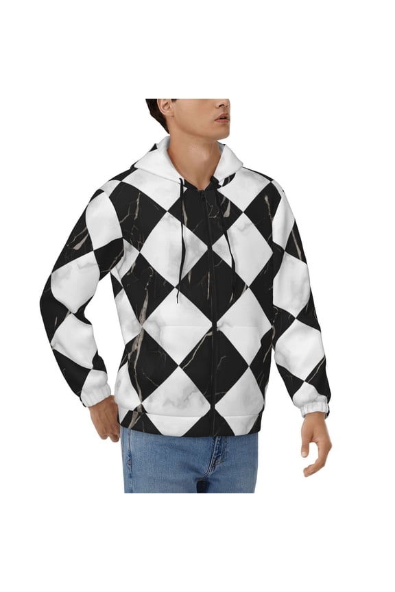Hoodies for Men Zip Up Sweashirts Jacket Coat Hoodie, Marble Check Diagonal Black White
