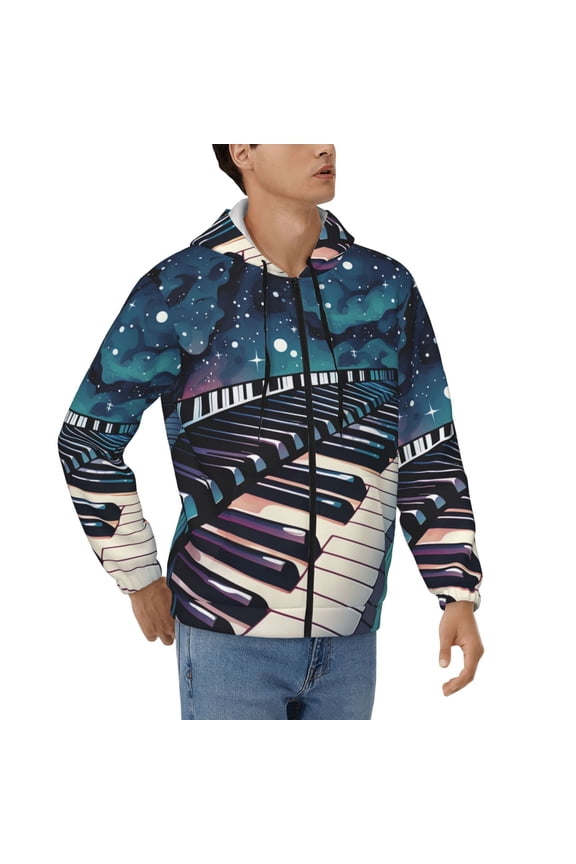 Hoodies for Men Zip Up Sweashirts Jacket Coat Hoodie, Music Piano Keys Starry Sky