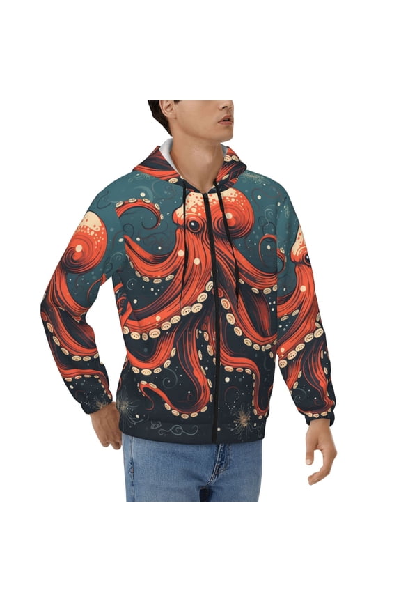 Hoodies for Men Zip Up Sweashirts Jacket Coat Hoodie, Octopus Vintage Kraken Monster Starry