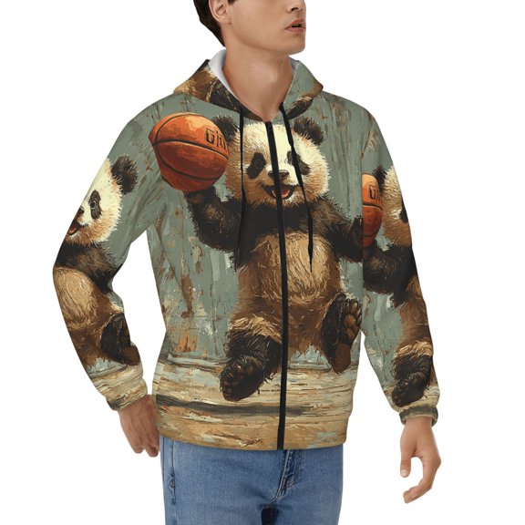 Hoodies for Men Zip Up Sweashirts Jacket Coat Hoodie, Panda Playing Basketball Funny