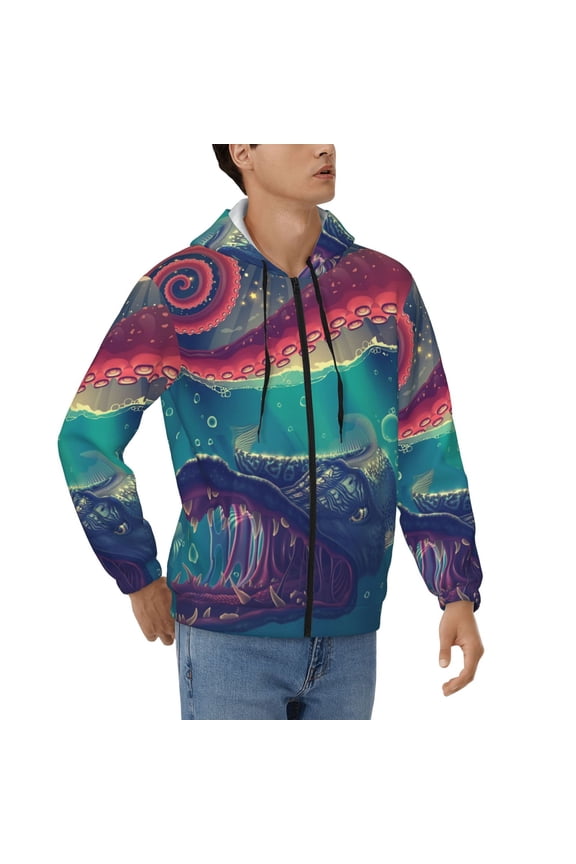 Hoodies for Men Zip Up Sweashirts Jacket Coat Hoodie, Red Octopus Tentacles Predator Fish