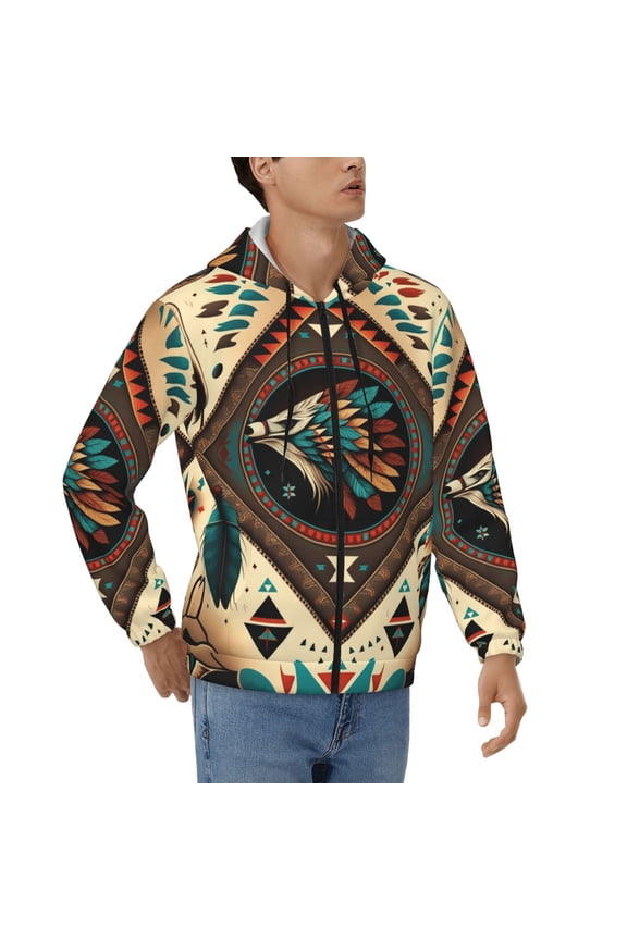 Hoodies for Men Zip Up Sweashirts Jacket Coat Hoodie, Southwestern Feather Geometric Native American